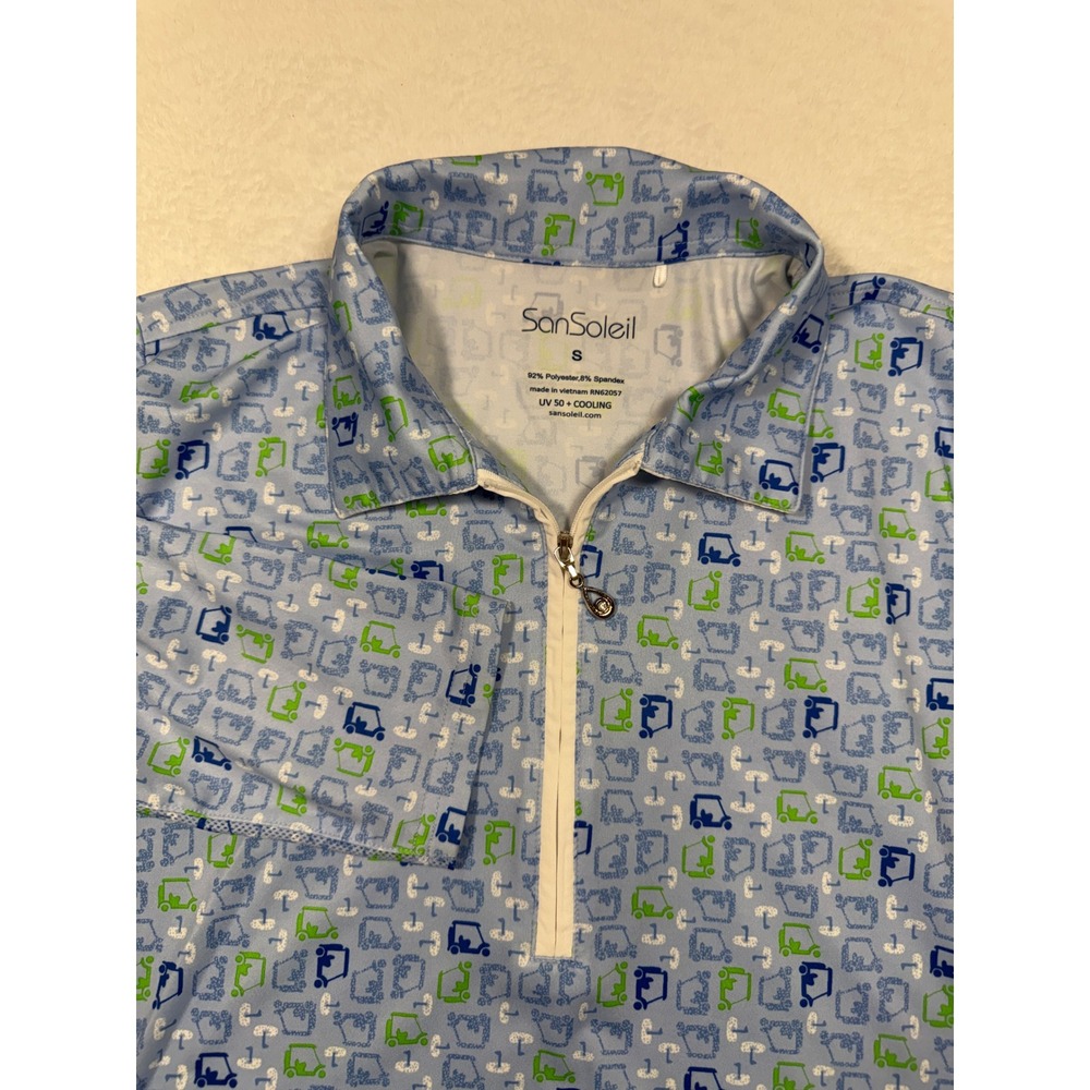 SanSoleil Womens S‎ UV 50+ SolCool Golf Cart Polo Long Sleeve Blue Print UV 50+